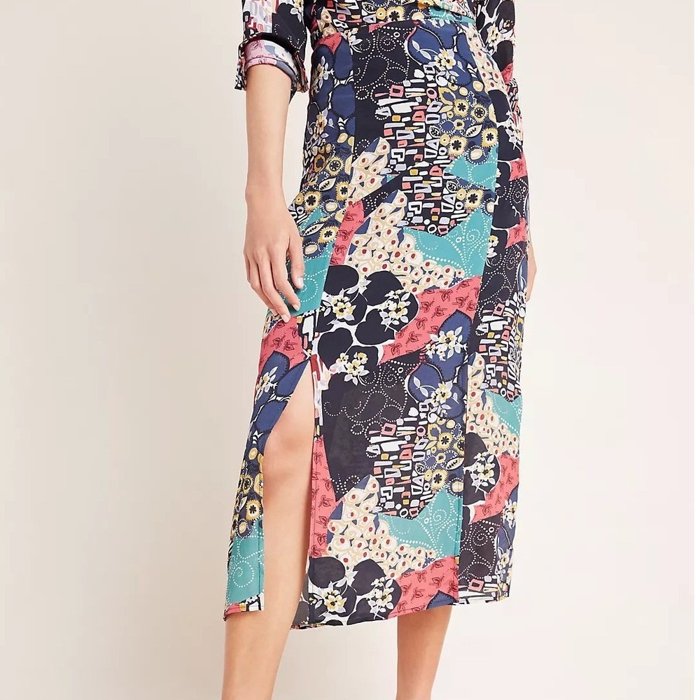 Anthropologie‎ x Kachel Hallie Abstract Floral Midi Skirt Multi Patchwork Slit 8